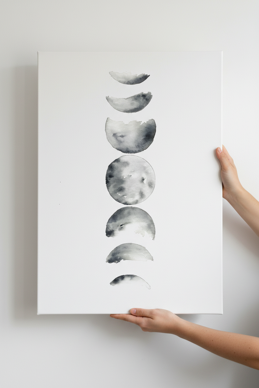Hands holding Moon Phases canvas