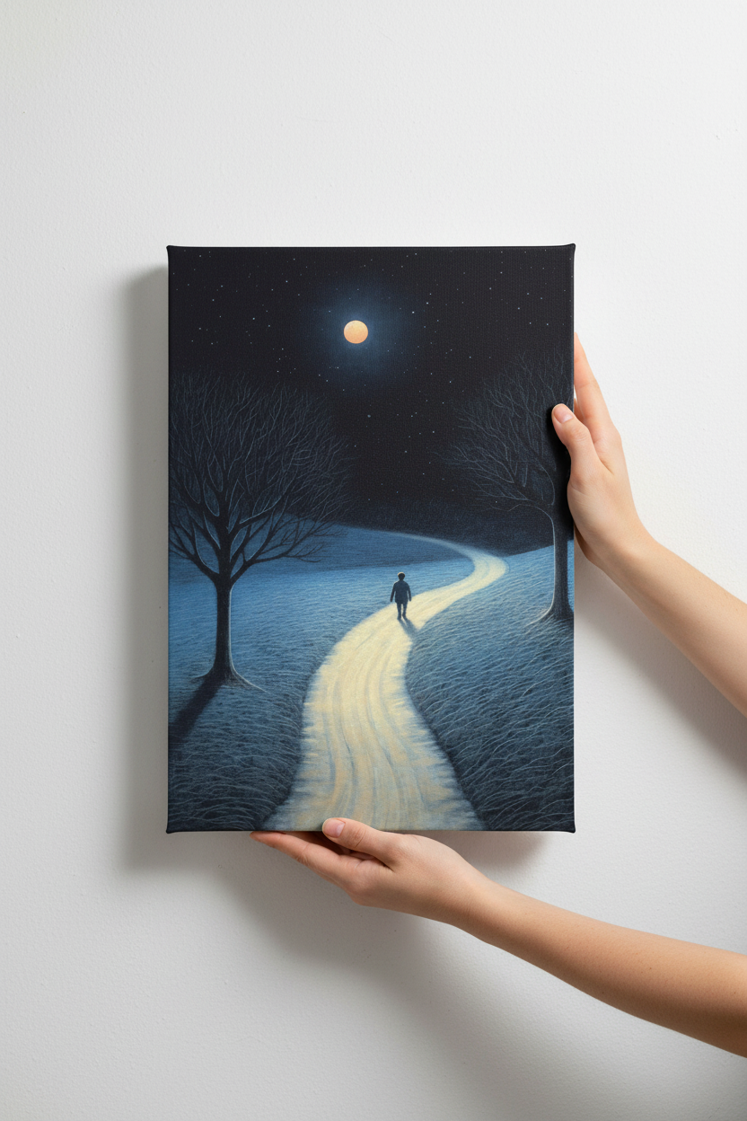 Hands holding Moonlit Path canvas