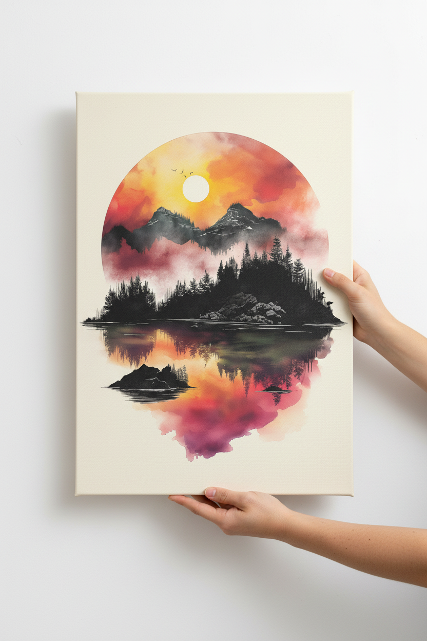 Hands holding Mountain Mirror canvas