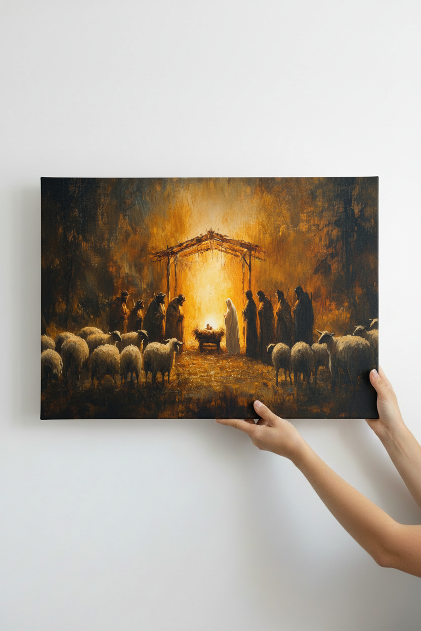 Hands holding Nativity canvas