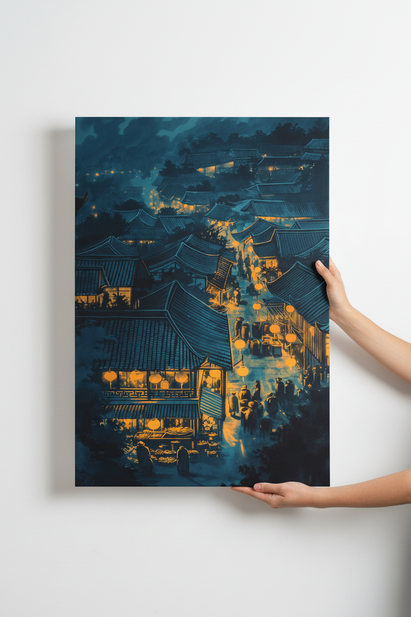 Hands holding Night Lantern Market canvas