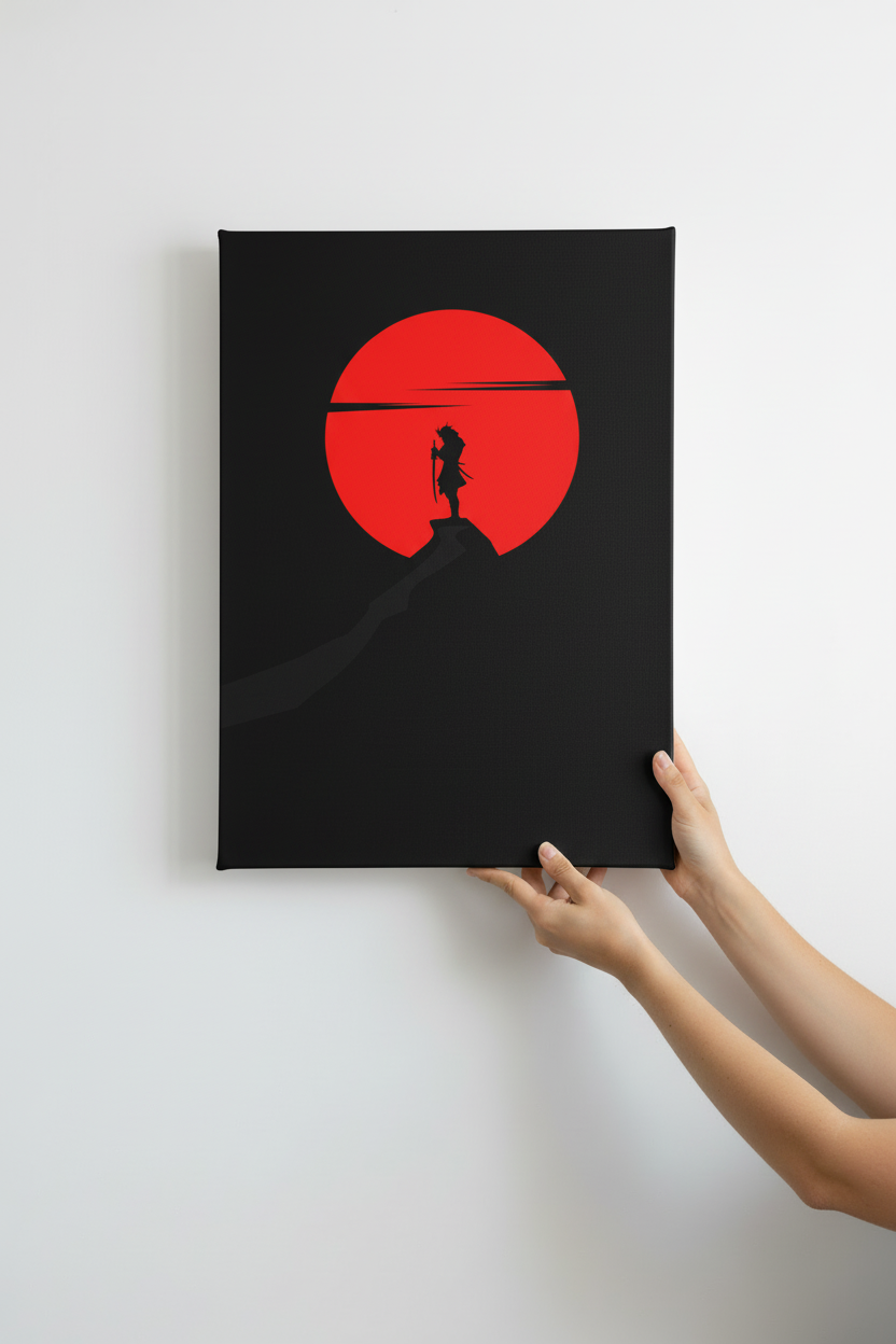 Hands holding Samurai Red Moon canvas