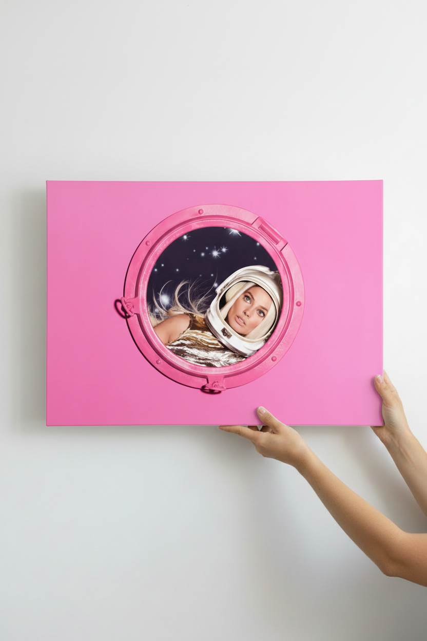 Hands holding Space Barbie canvas