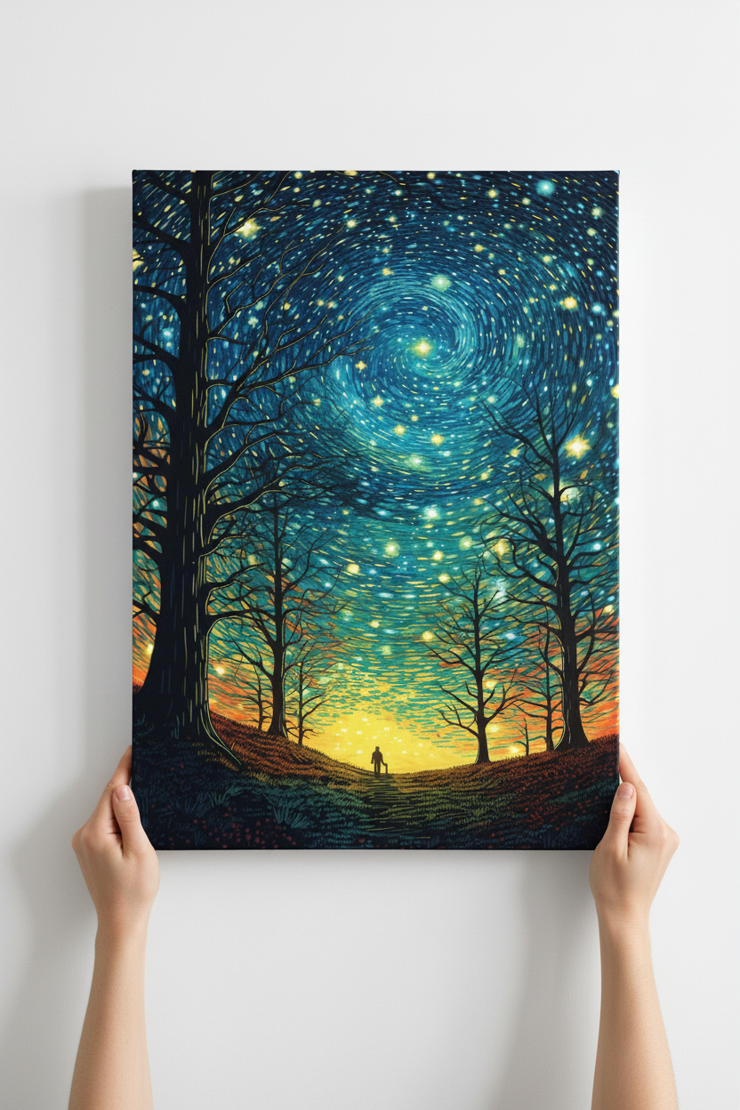 Hands holding Starry Walk canvas