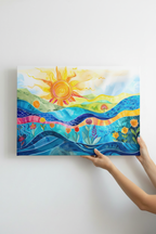 Hands holding Sunny Waves canvas