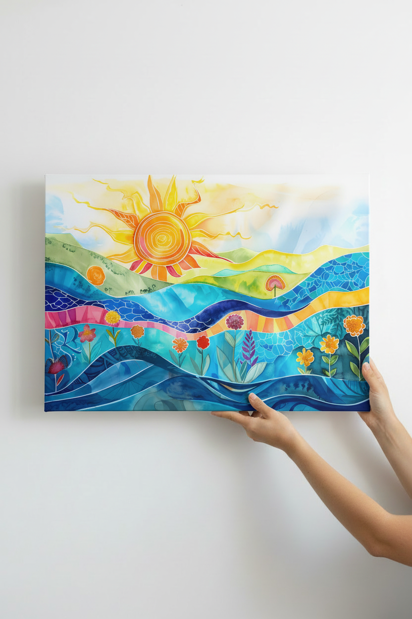 Hands holding Sunny Waves canvas