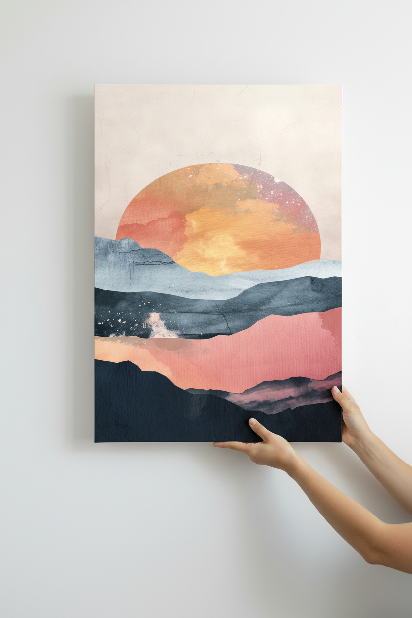 Hands holding Sunset Mountains canvas