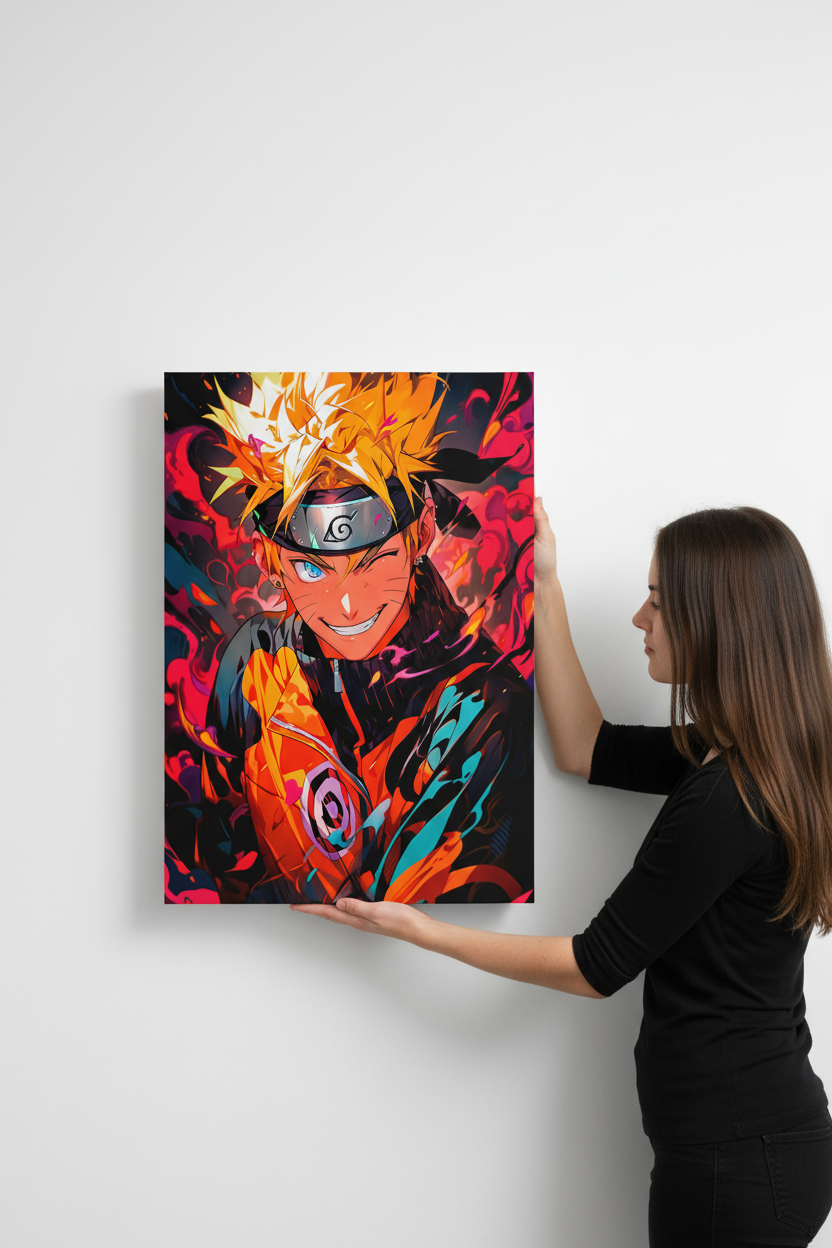 Hands holding tall vertical Naruto canvas