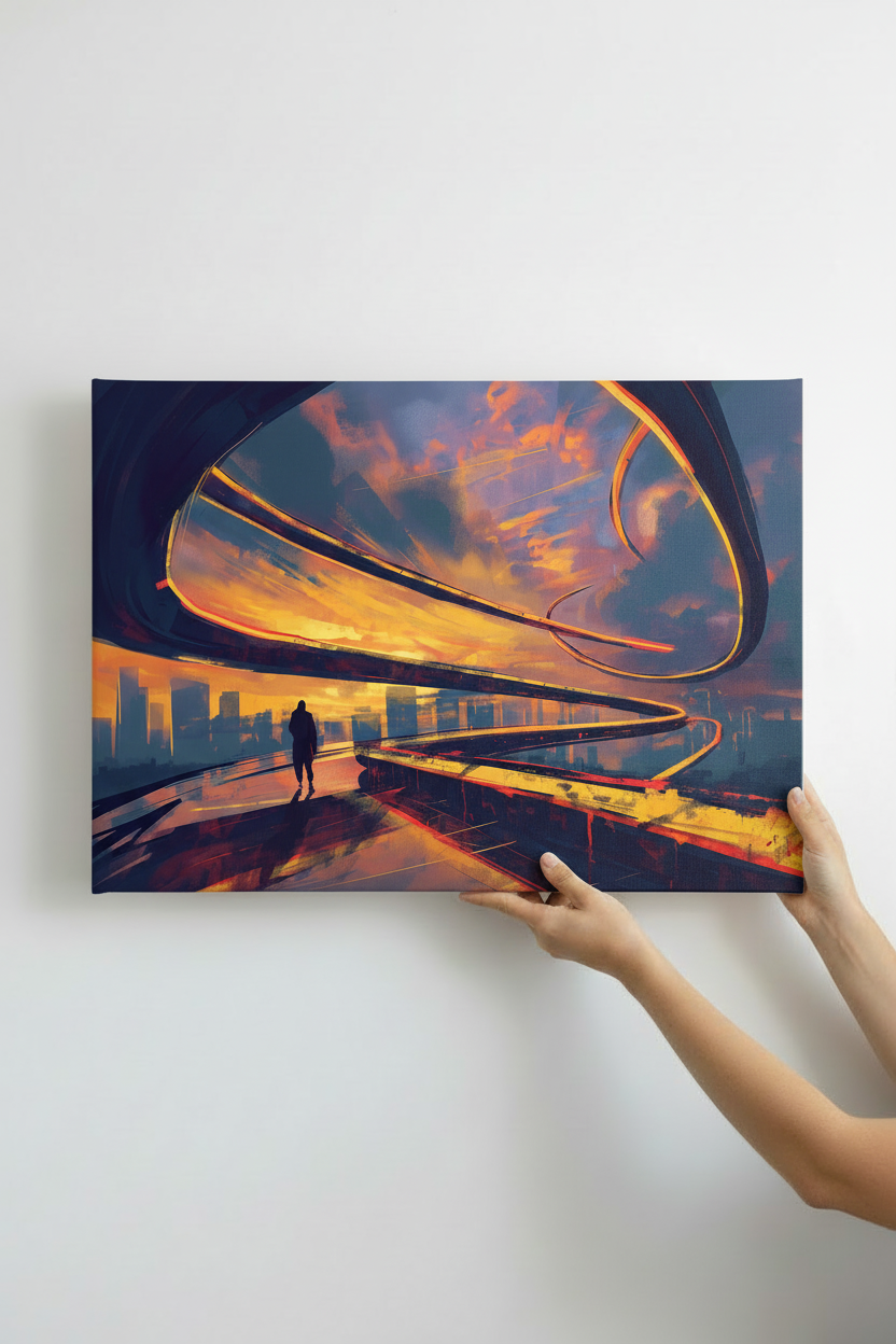 Hands holding The Wanderer canvas