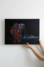 Hands holding Tiger canvas on white wall