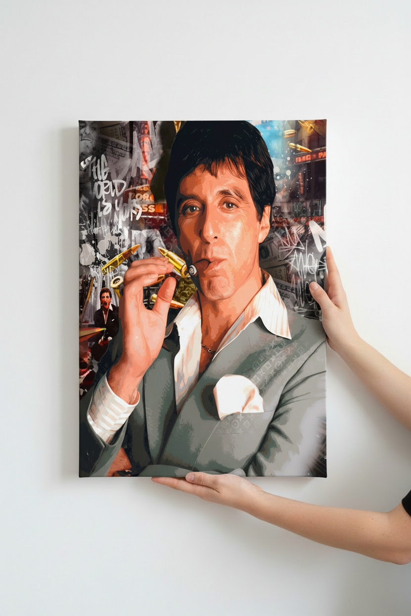 Hands holding Tony Montana canvas