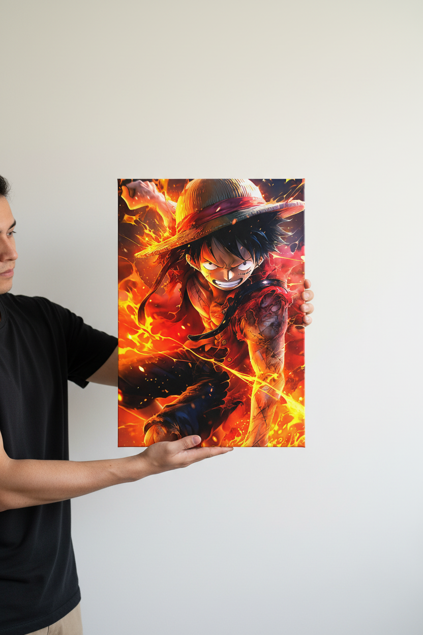 Hands holding vertical Luffy canvas