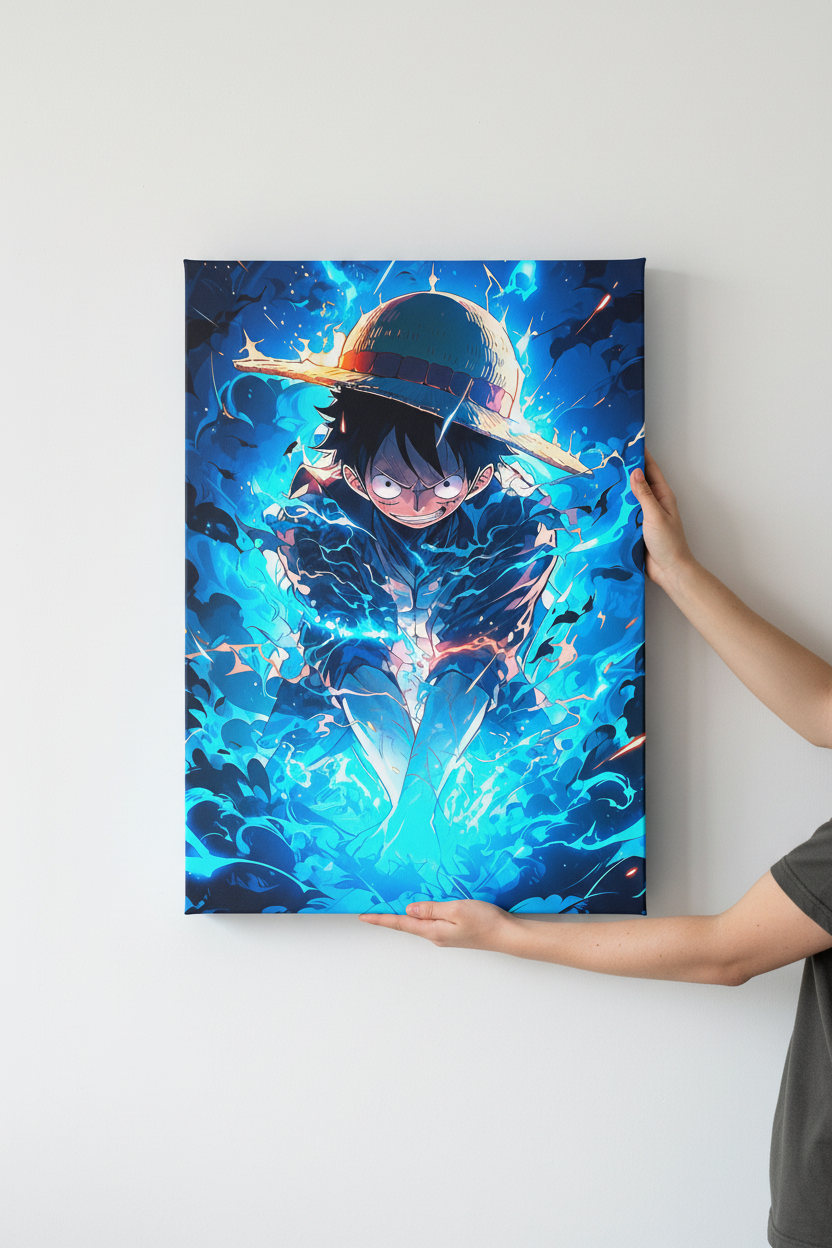 Hands holding vertical Luffy Gear 5 canvas