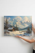 Hands holding Winter Cabin canvas