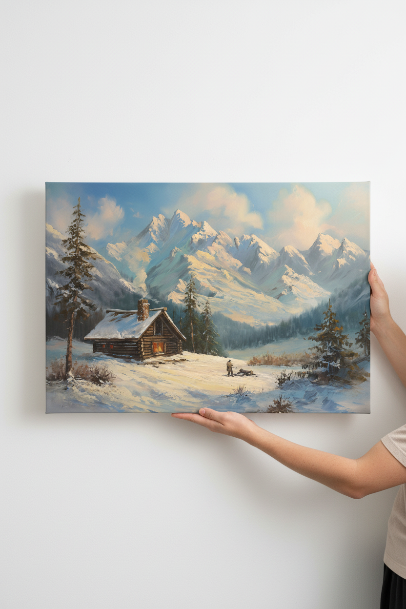 Hands holding Winter Cabin canvas