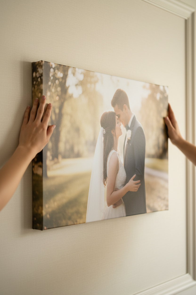 Horizontal Couple Canvas Being Hung