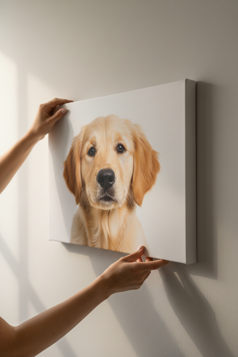 Horizontal Dog Canvas Being Hung