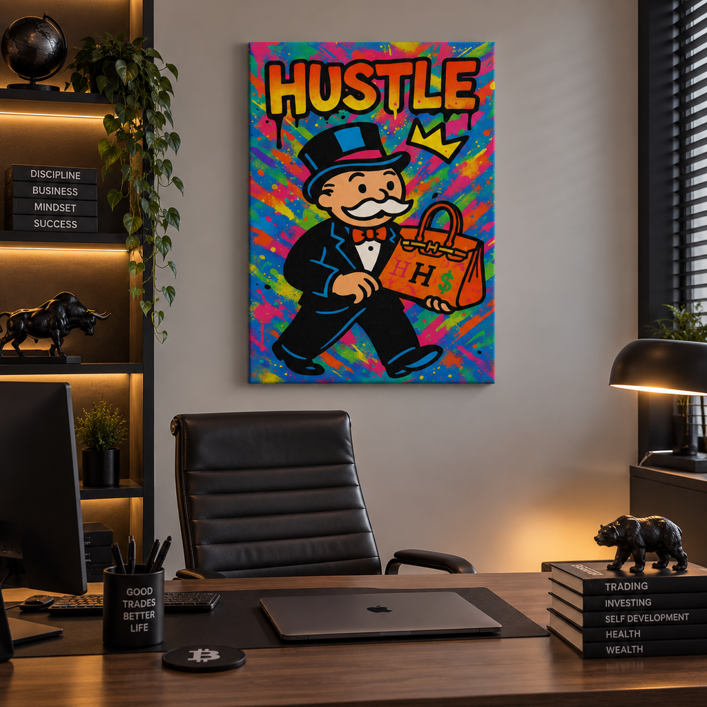 HUSTLE πίνακας καμβά σε μοντέρνο γραφείο με επιχειρηματικό στυλ.