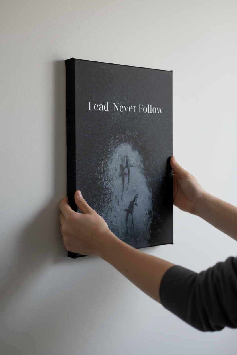 Realistic hands hanging Lead Never Follow frameless canvas close-up