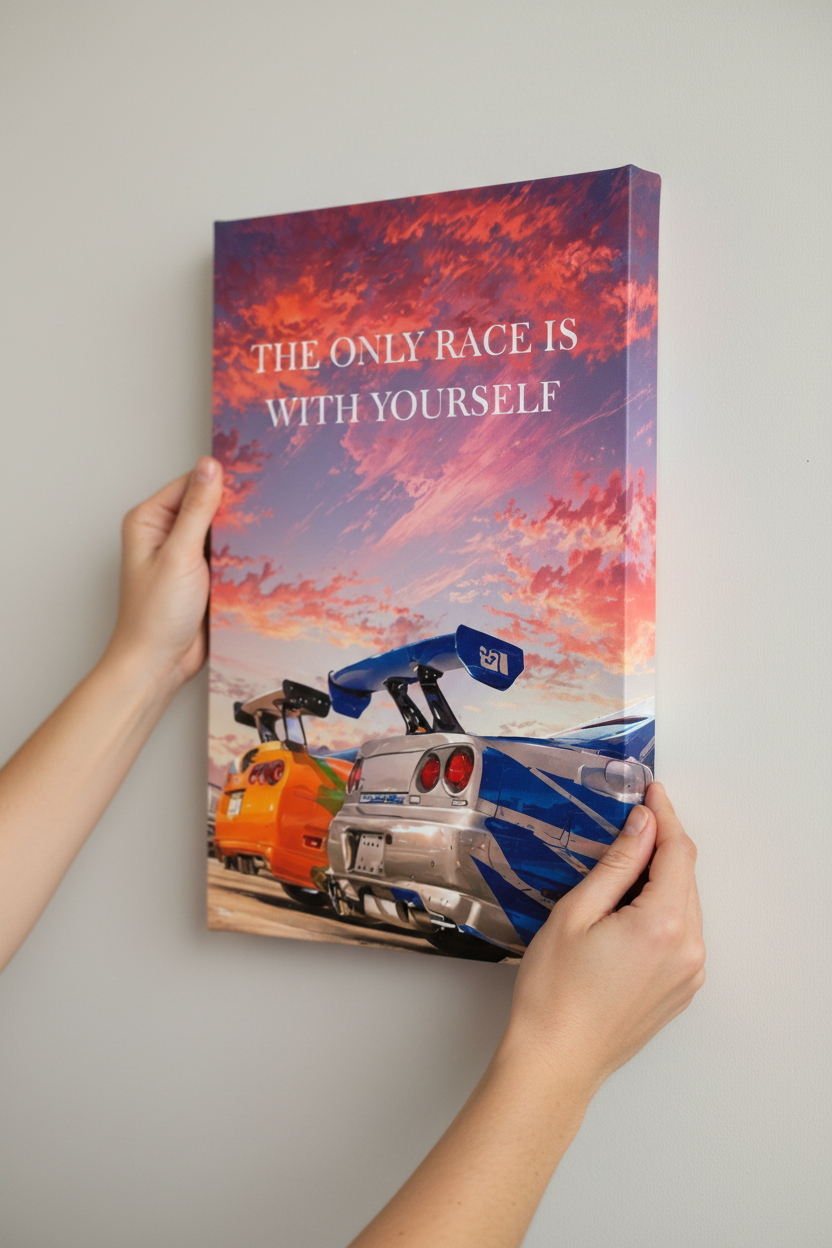 Realistic hands hanging Race With Yourself frameless canvas