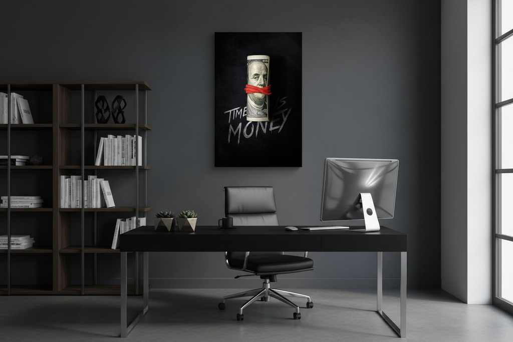 Time Is Money frameless canvas in modern home office