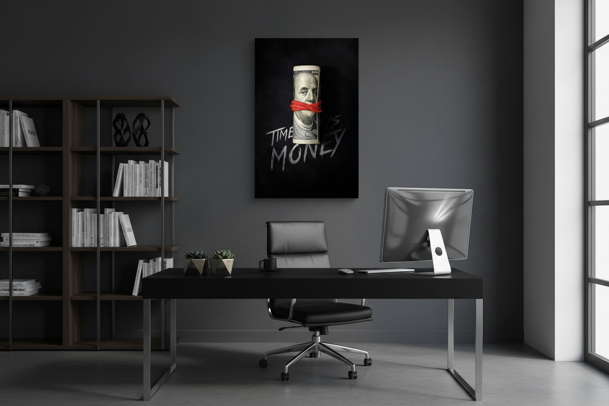 Time Is Money frameless canvas in modern home office