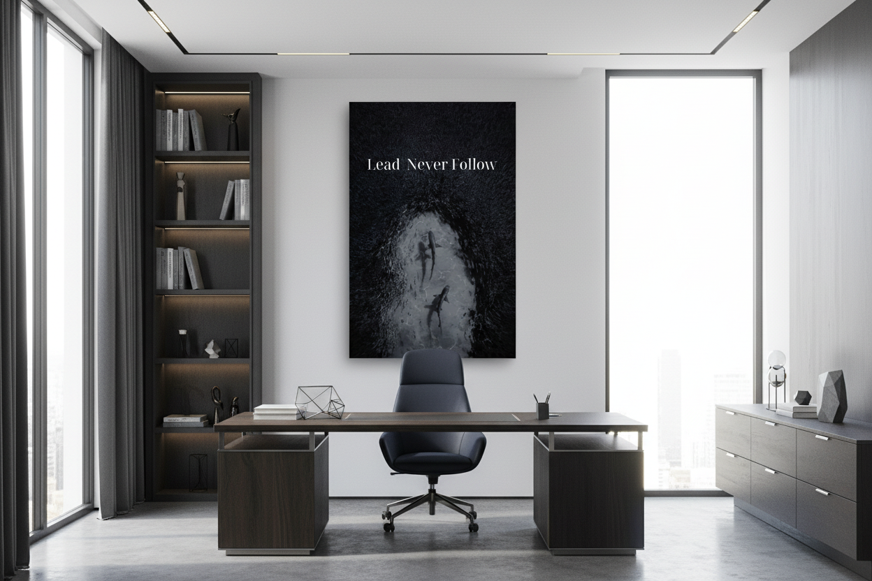 Lead Never Follow frameless canvas in professional office