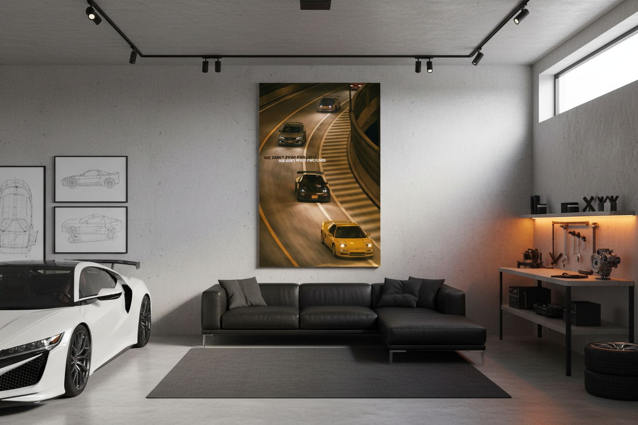 Car Prayer frameless canvas in realistic garage playroom