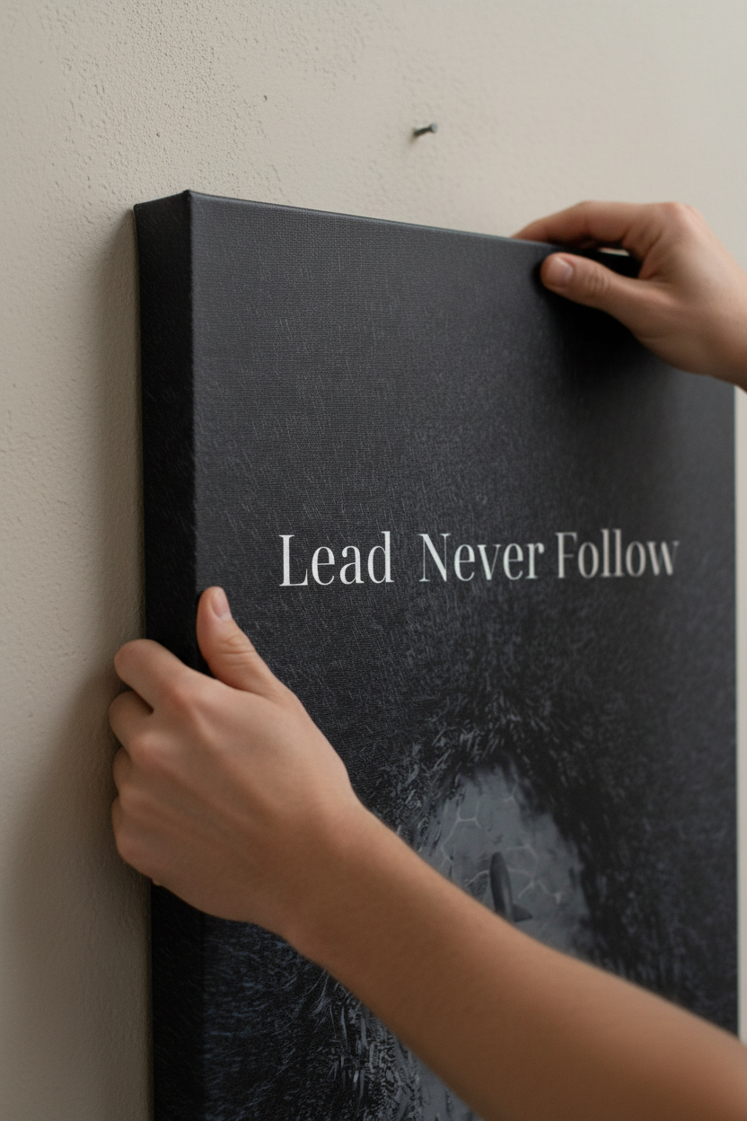 Realistic hands hanging Lead Never Follow frameless canvas