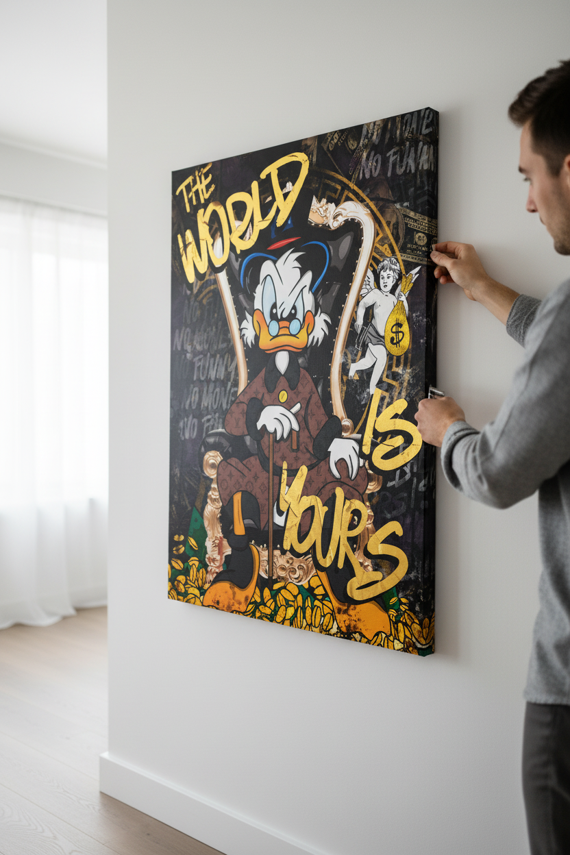 The World Is Yours Duck Edition canvas being hung on wall