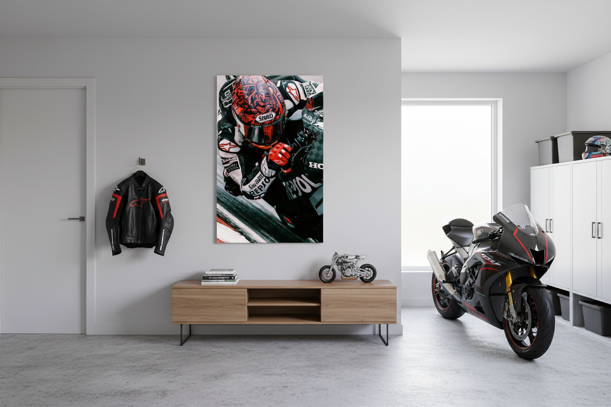 Repsol Precision MotoGP frameless canvas in realistic garage playroom