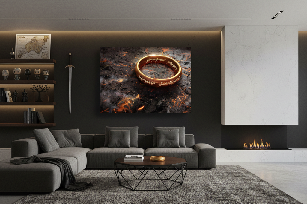The One Ring frameless canvas in modern living room with LOTR collectibles