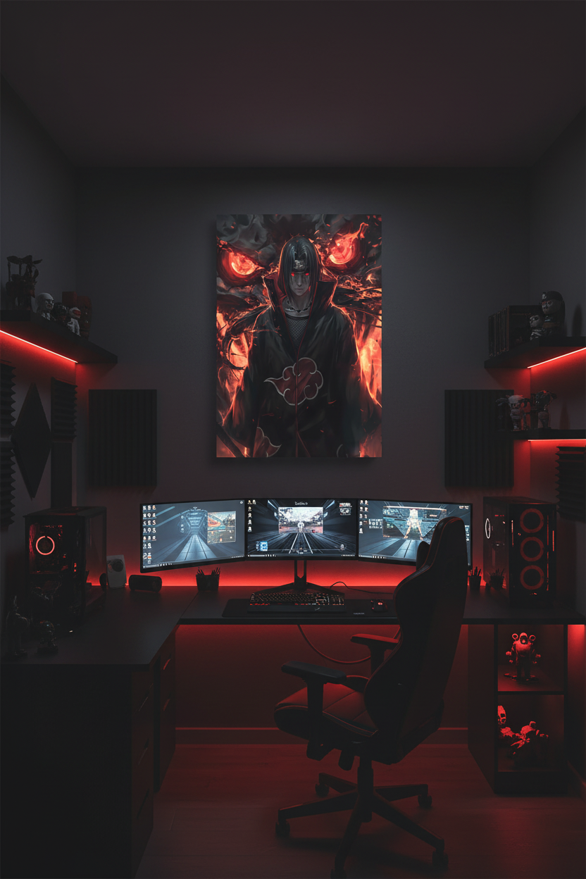 Itachi canvas in dark gaming room realistic