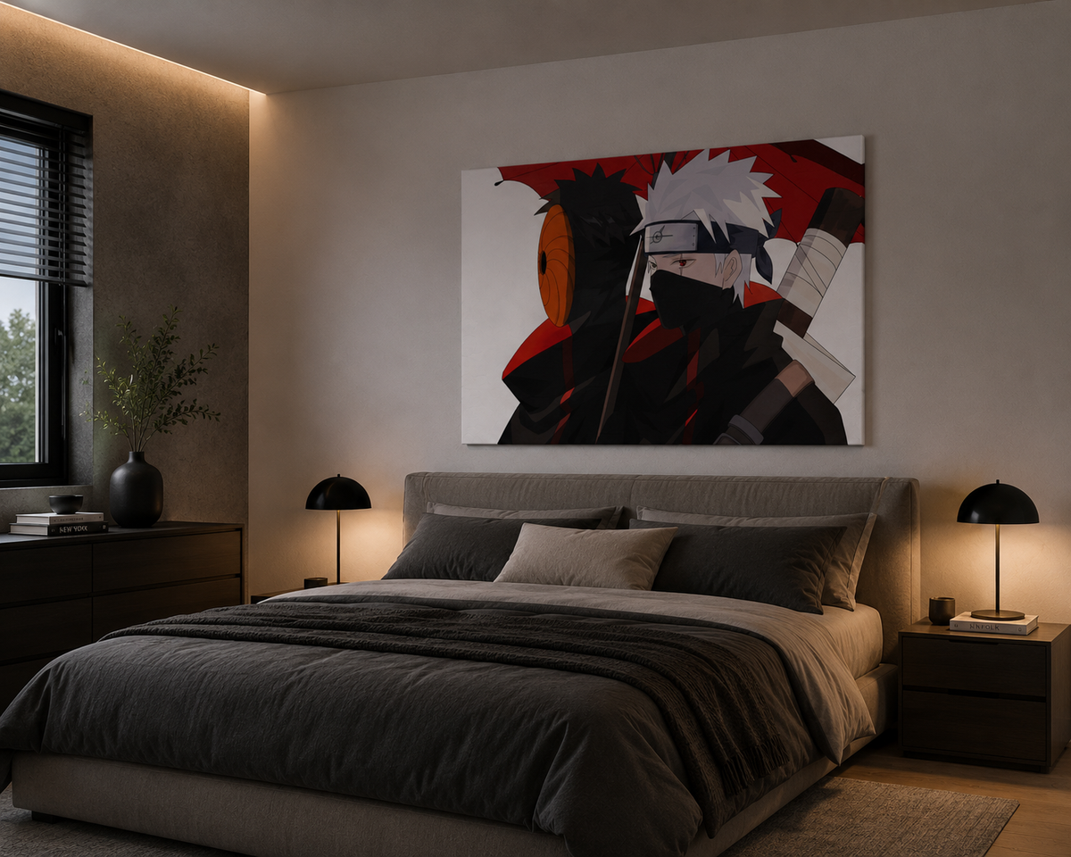ίνακας anime με Kakashi και Obito σε μοντέρνο υπνοδωμάτιο με σκούρα διακόσμηση και ζεστό φωτισμό.