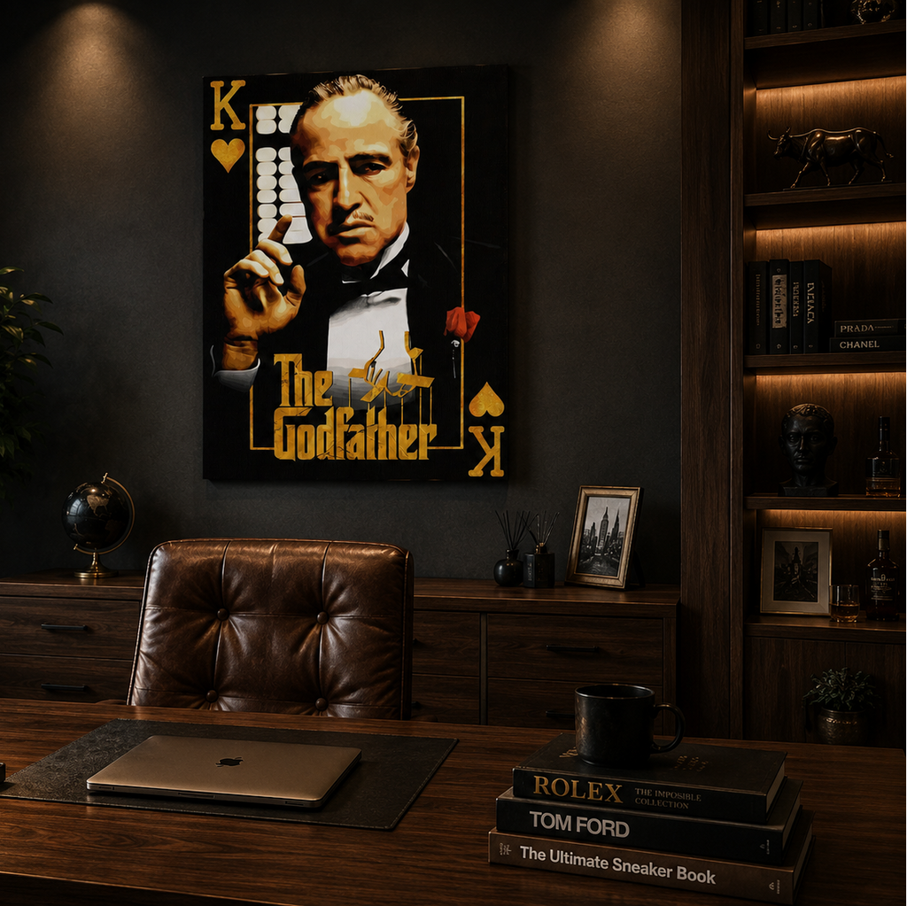 Πίνακας The Godfather με τον Don Corleone σε μοντέρνο και κομψό σαλόνι με γκρι καναπέ, σκούρο πράσινο τοίχο και ζεστό φωτισμό.