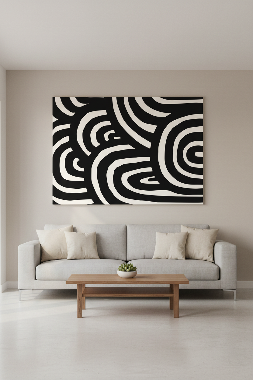Large Black Swirl canvas in room