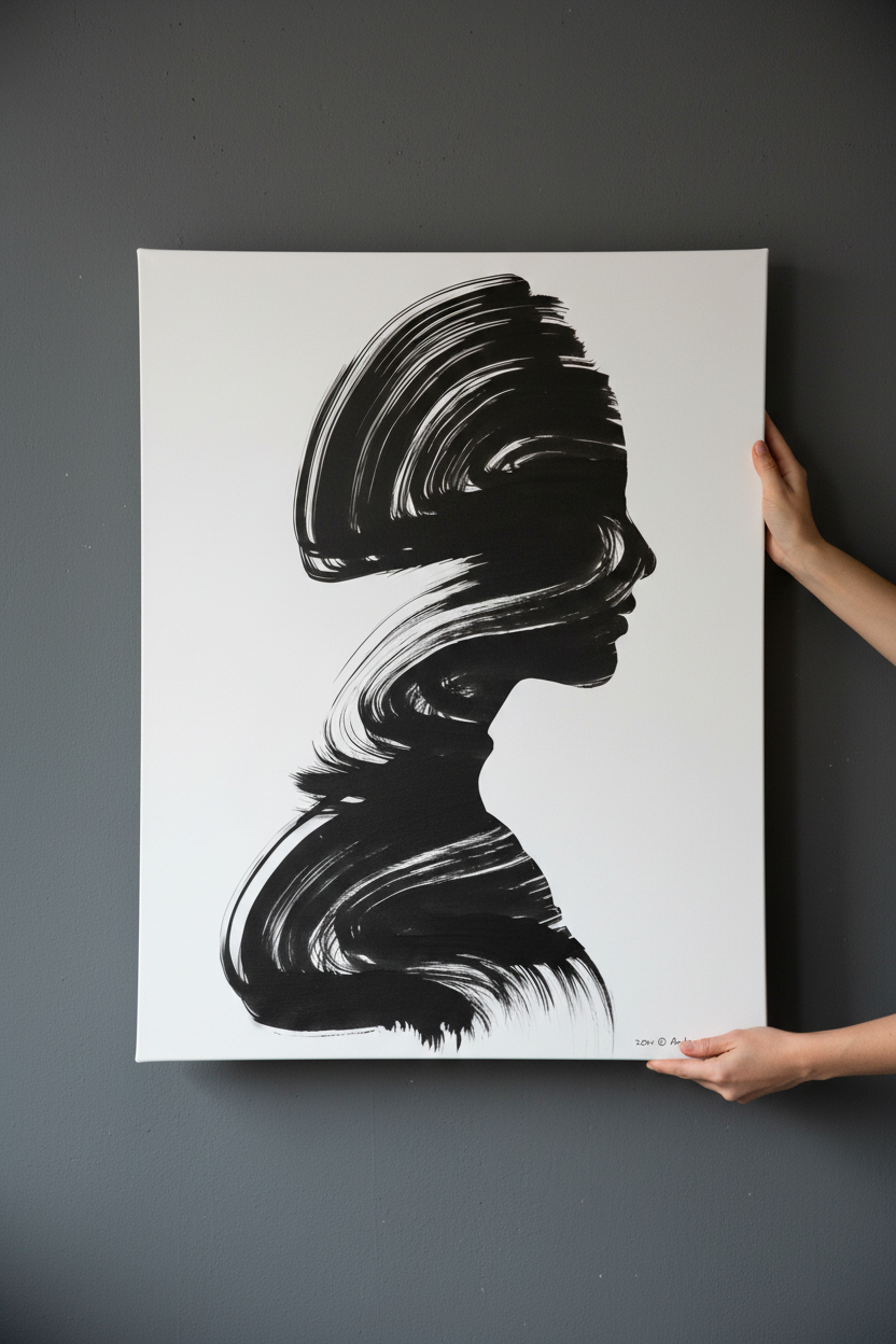 Large silhouette canvas held against grey wall