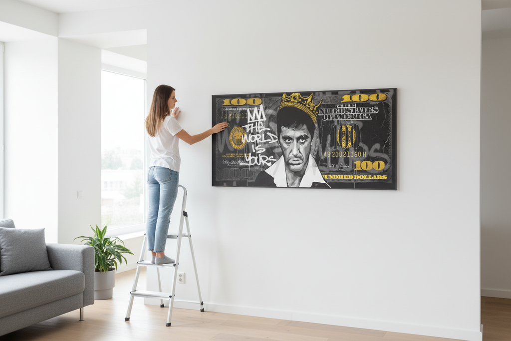 Lifestyle shot - Woman hanging frameless canvas