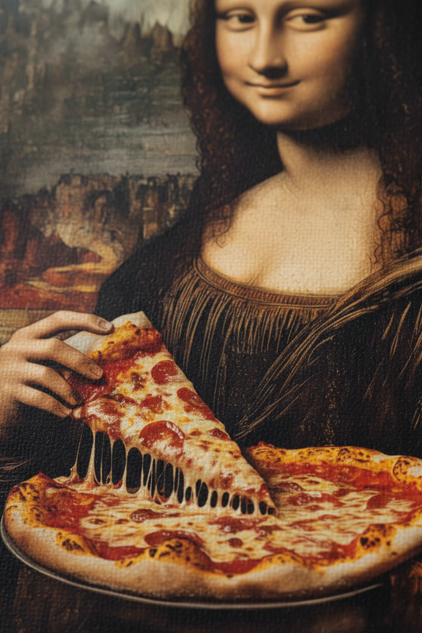 Macro close-up Mona Lisa Pizza canvas