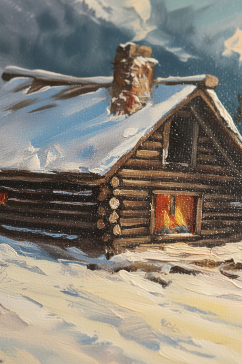 Macro close-up Winter Cabin canvas