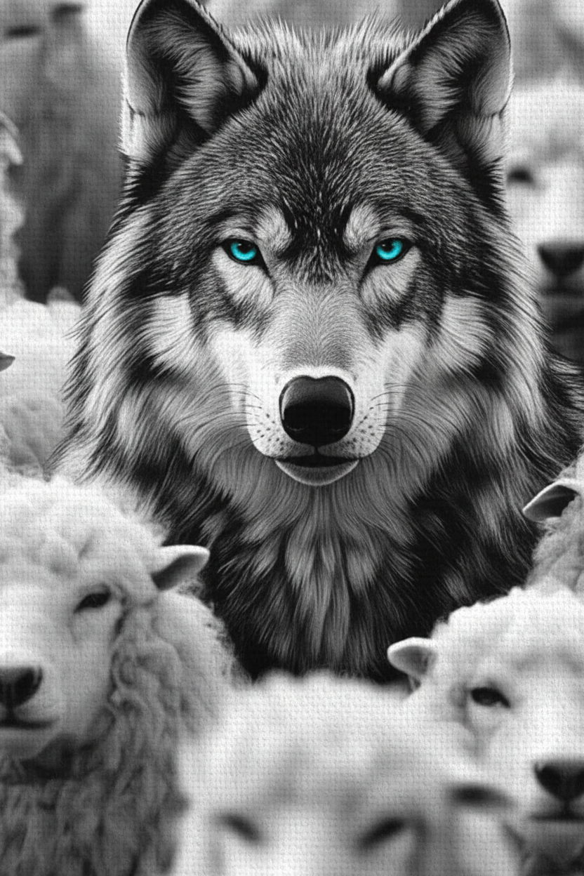 Macro close-up Wolf Among Sheep canvas