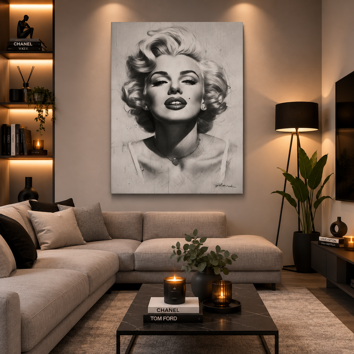 Πίνακας με ασπρόμαυρο πορτρέτο της Marilyn Monroe σε κομψό μοντέρνο σαλόνι με μπεζ καναπέ και ζεστό ατμοσφαιρικό φωτισμό.