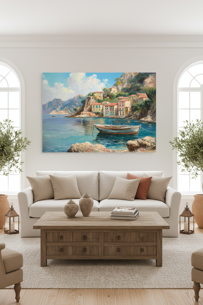 Mediterranean Cove canvas in elegant room