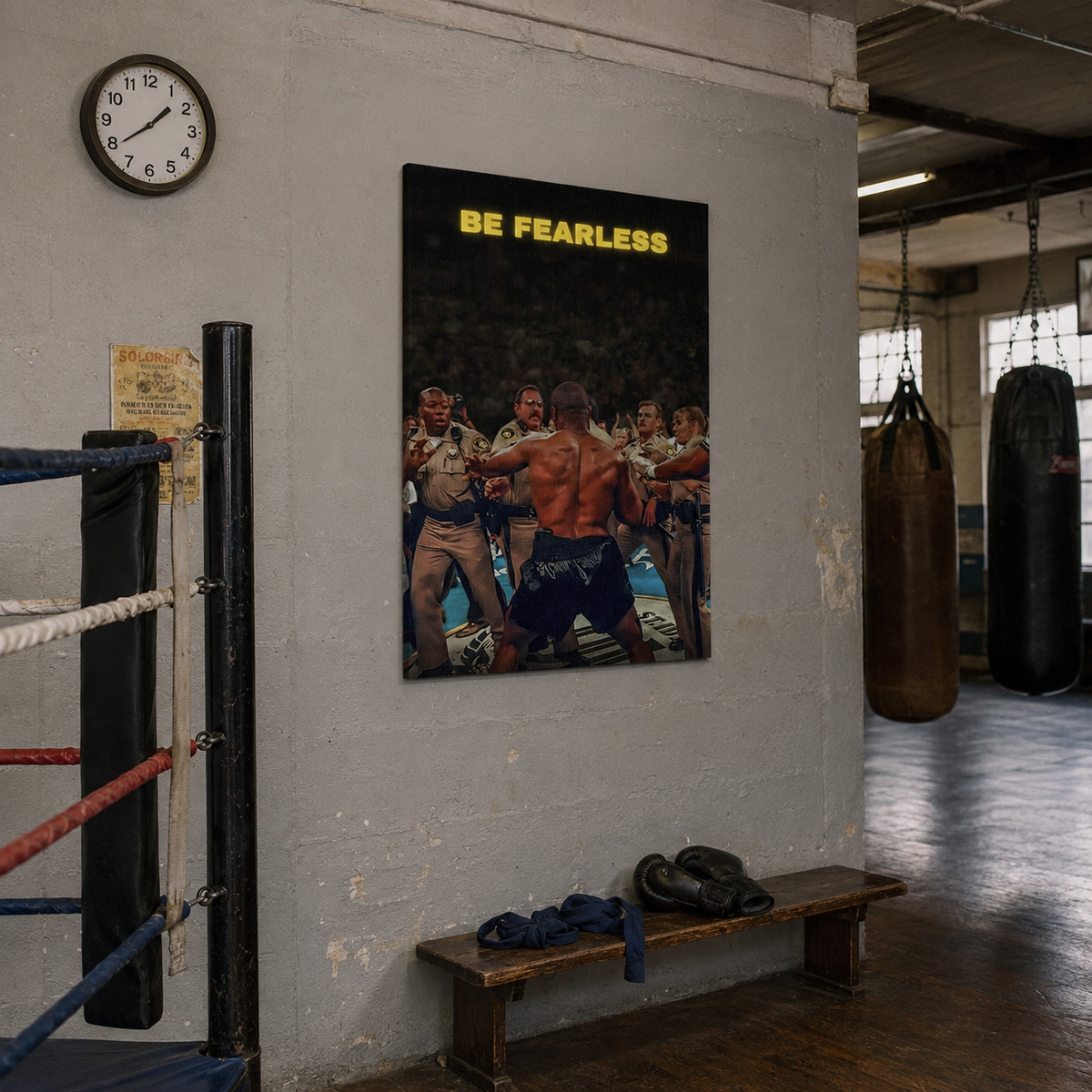 Πίνακας Mike Tyson «Be Fearless» σε industrial γυμναστήριο πυγμαχίας με ρινγκ και σάκους του μποξ.