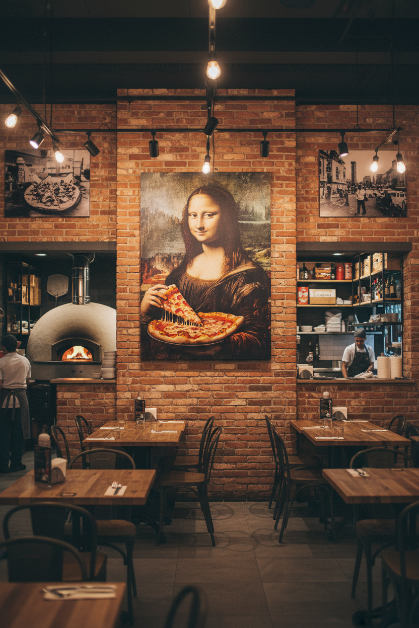 Mona Lisa Pizza canvas in pizzeria
