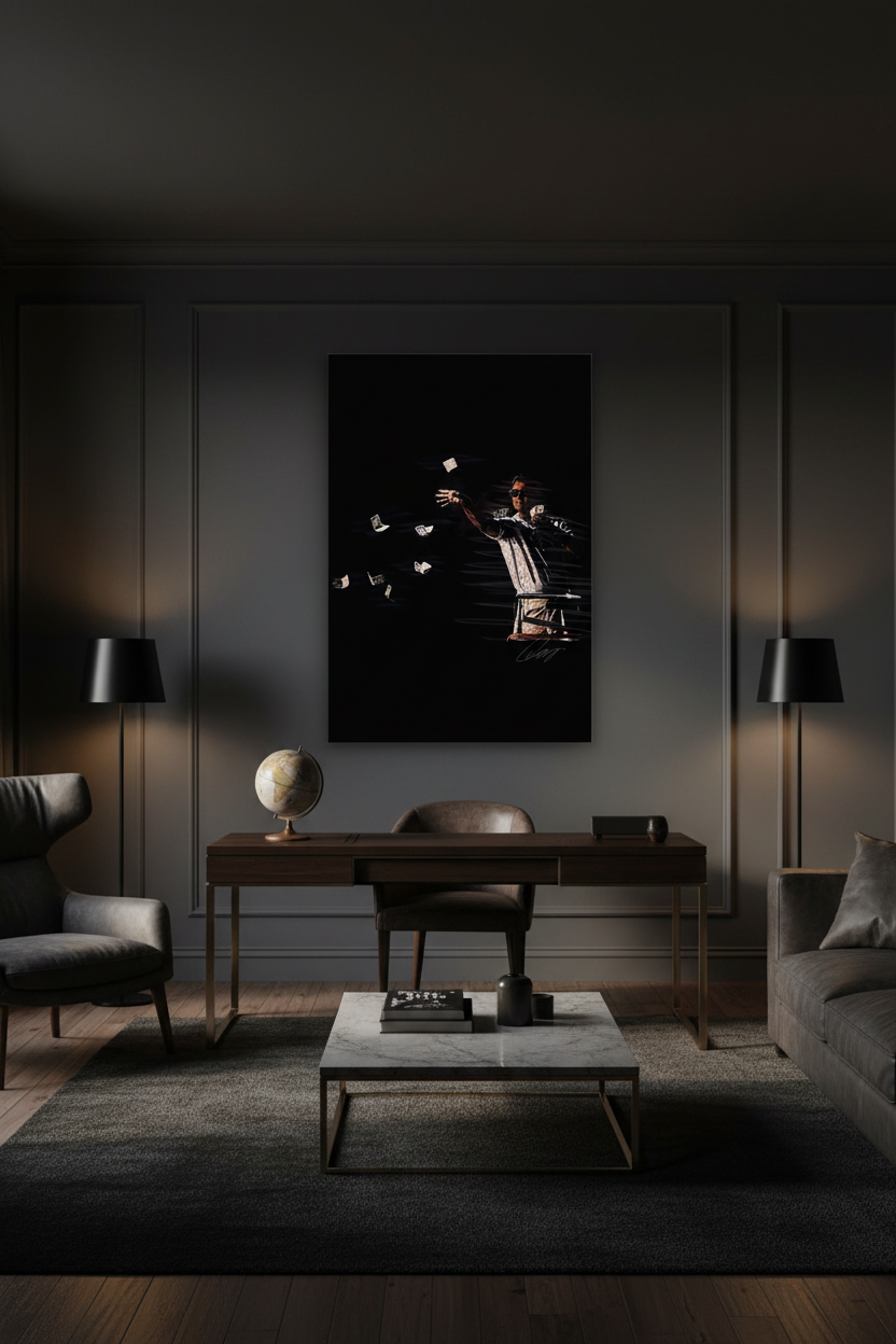 Money Rain canvas in dark office