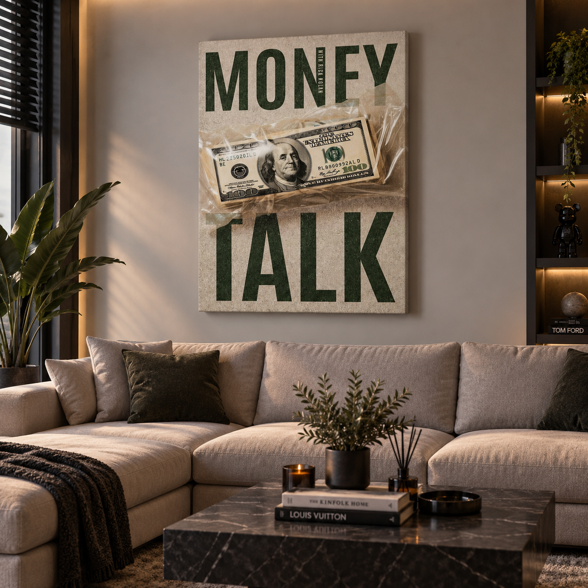 Πίνακας Money Talk με χαρτονόμισμα 100 δολαρίων σε μοντέρνο, ζεστό σαλόνι.