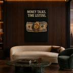 Καμβάς Money Talks – Time Listens αναρτημένος σε σαλόνι.