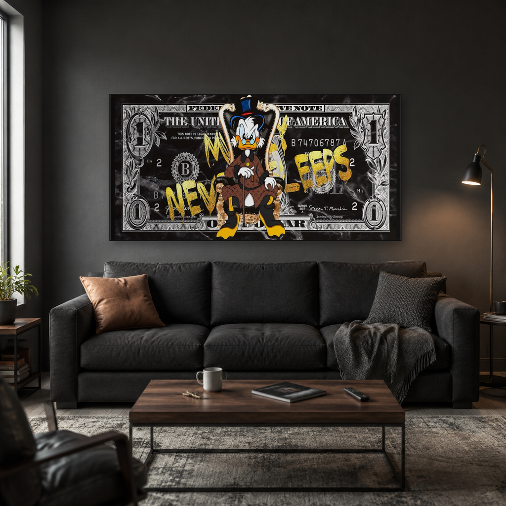 Καμβάς Money Never Sleeps Canvas αναρτημένος σε σαλόνι, μπροστινή lifestyle άποψη.
