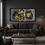 Καμβάς Money Never Sleeps Canvas αναρτημένος σε σαλόνι, μπροστινή lifestyle άποψη.